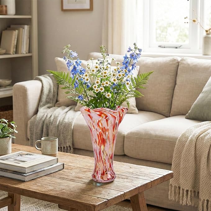 9.0" H Red Glass Vases for Flowers, Unique Hand Blown Glass Vase Home Decor, Wide Mouth Colorful Flower Vase Centerpieces, for Living Room Table Bookshelf, Bathroom Office Shelf Decorative (Red)