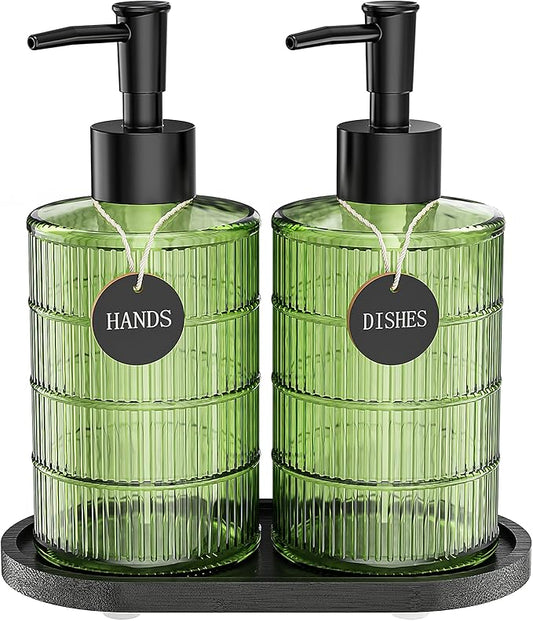 MASADI Soap Dispenser Set with Bamboo Tray, Dish and Hand Soap Lotion Dispenser Set with Wooden Pump for Kitchen and Bathroom Decor for Counter, Modern Vintage Liquid Soap Dispensers (Green&Black)