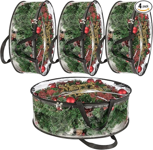 4 PCS Clear Wreath Storage Bag, 24x8 Inch Christmas Wreath Storage Container, Heavy Duty PVC Wreath Protector with Handle for Xmas Holiday Seasonal Wreath Garland (Black)