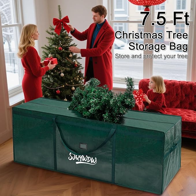Christmas Tree Storage Bag 7.5 ft, Heavy Duty Artificial Xmas Trees Bag with Reinforced Handles, Dual Zippers Wide Opening, Two Mesh Pockets, Water Resistant for Holiday Tree Storage (Green)