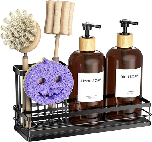 Moforoco Kitchen Dish Soap Dispenser Set, 16OZ Glass Bottle, Hand and Dish Soap Dispenser Set, Instant Dry Tray, Brush Holder with Smiley Face Sponge Holder (Black Tray &Amber Bottle&Labels)