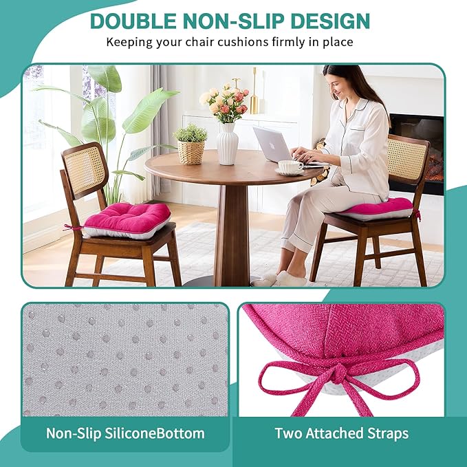 BETU Chair Cushions for Dining Chairs Set of 4,3.5" Thick Kitchen Table Chair Pads with Ties,Non Slip Backing and Covers, Seat Cushion for Dining Room,Bar,Patio Chairs,16"X16"X3.5",Hot Pink