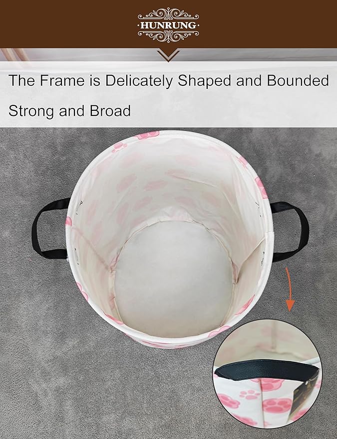 HUNRUNG Collapsible Fabric Storage Basket, Waterproof Laundry Hamper with Handles, Round Storage Bin for Clothes Toys, Foldable Organizer for Bedroom Nursery Bathroom(Round-Pink Paw)
