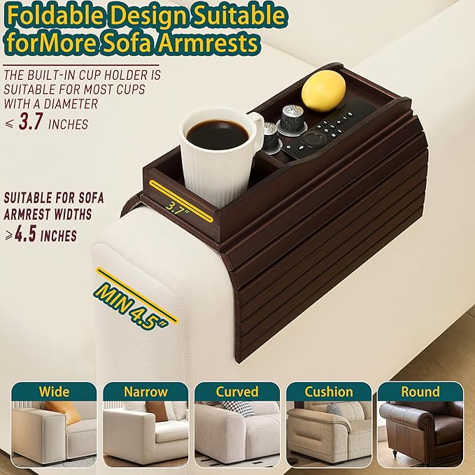 Bamboo Couch Cup Holder Arm Tray Table，Couch Drink Holder，Sofa Cup Holder Armrest Tray，Anti-Slip Foldable Arm Chair Table Tray Recliners for Drink,Cups, Snacks, Phone, Remote