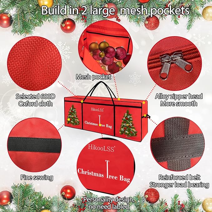 HikooLSS Christmas Tree Storage Bag 12 Ft Tall Tree Container/Holder Heavy Duty Oxford Dual Mesh Pockets,Moistureproof,Extra Large Christmas Tree Box for Big Xmas Tree Wide Opening Red(65X23X27in)