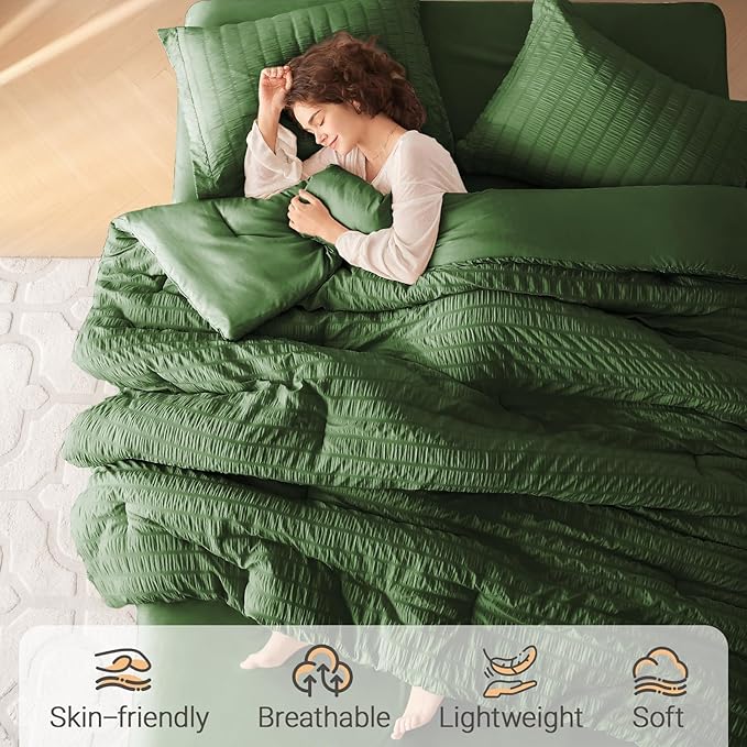 MUXHOMO 5 Pieces Twin XL Comforter Set, Seersucker Bed in a Bag Twin XL Size, All Season Luxury Bedding Set with Comforter, Flat Sheet, Fitted Sheet, Pillowcase & Sham, Dark Green