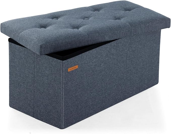 HAUSFRAU - Storage Ottoman Bench, 30 Inches Button Tufted Upholstered Ottoman Footstool with Storage for Living Room Bedroom Entryway, Load 660 lb, Linen Dark Gray