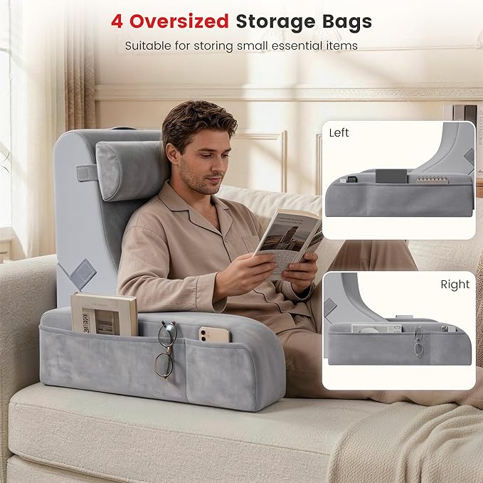 Homkdom Reading Pillow for Sitting in Bed Adult, 22" Back Pillow for Bed Sitting up with Armrests & Storage Pockets, Ergonomic Wedge Pillow for Watching TV, Gaming, Working, Recovery, 5PCS, Light Grey