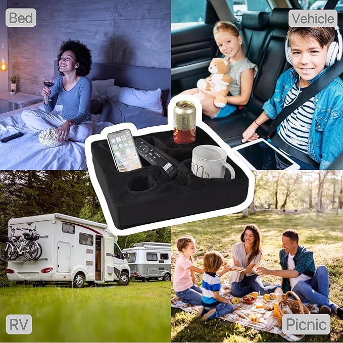 Couch and Bed Cup Holder Pillow, Sofa Refreshment Tray for Drinks/Remote Control/Snacks Holder (Black)