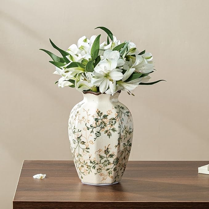 for Mom from Daughter or Son, Vintage Pastoral Octagonal Ceramic Vase 6.7”, Green Chinoiserie Floral Small Vase, Rustic Farmhouse Decor for Living Room, Kitchen, Bedroom