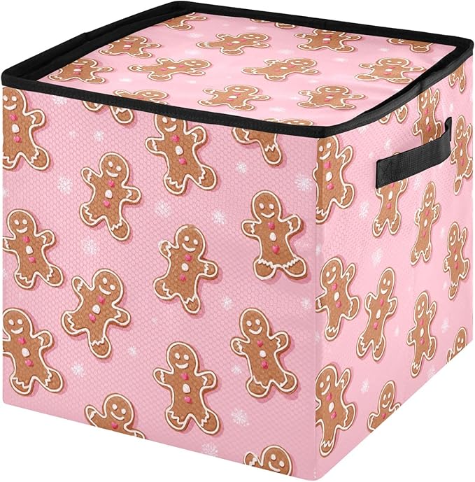 Pink Gingerbread Man Christmas Ornament Storage Basket Box Winter Xmas Holiday Storage Container Cube with Adjustable Dividers for 64 Holiday Ornaments or Decorations Keeps Clean and Dry