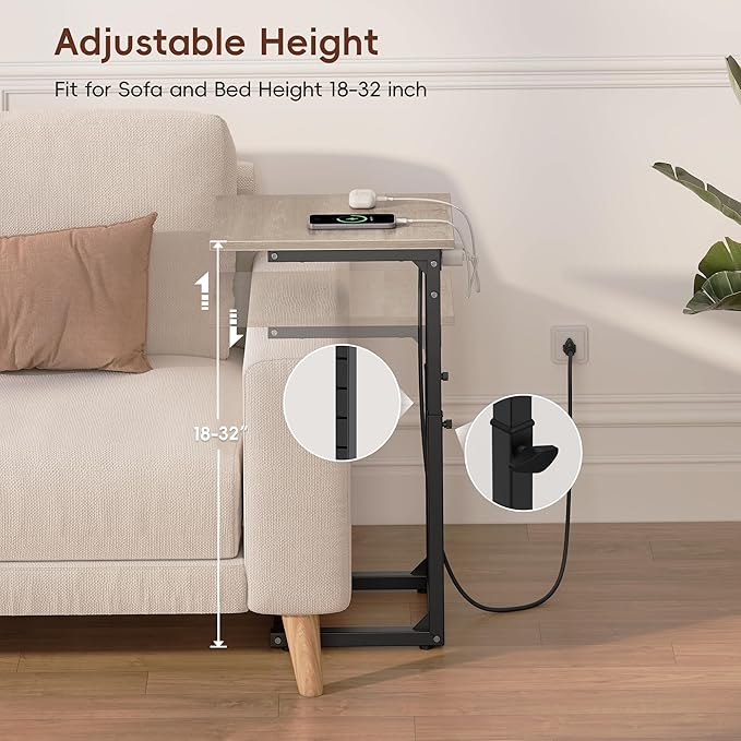 Vagusicc C Shaped End Table with Charging Station, Adjustable Height Side Table for Couch, C Table End Table Couch Table That Slide Under, Sofa Table TV Tray Arm Tables for Living Room, Bedroom, Gray
