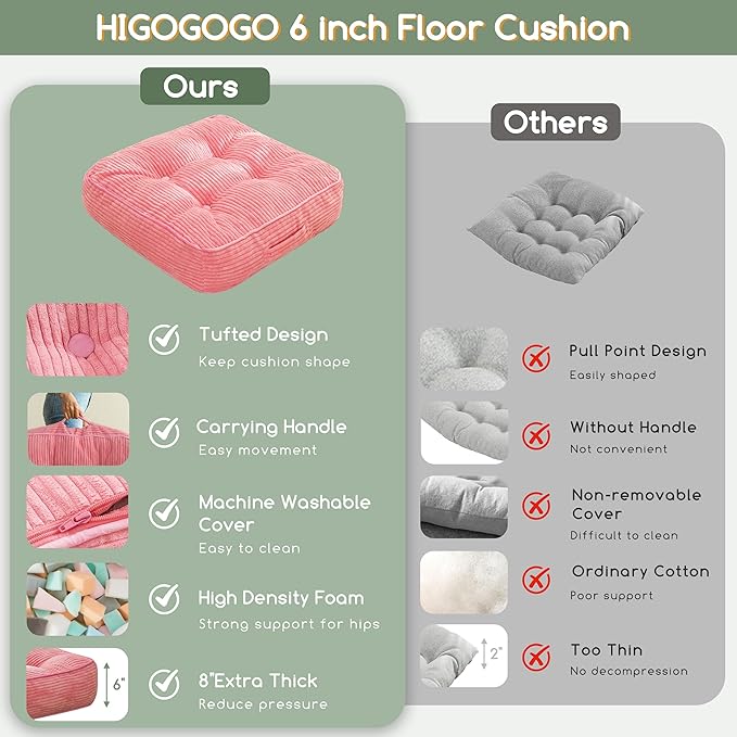 HIGOGOGO 6" Extra Thick Floor Pillow Cushion for Adults, Meditation Cushion Pillow, Large Square Floor Sitting, Tufted Corduroy Cover, for Tatami Living Room or Yoga, 22x22 Inch, Pink