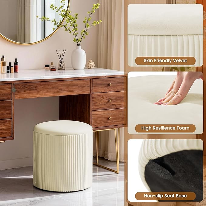 Vanity Stool Set of 2 - Round Storage Ottoman with Lid, Velvet Footrest Pouf for Makeup Room & Living Room, Multi-Use Small Chair with Hidden Storage（Beige）