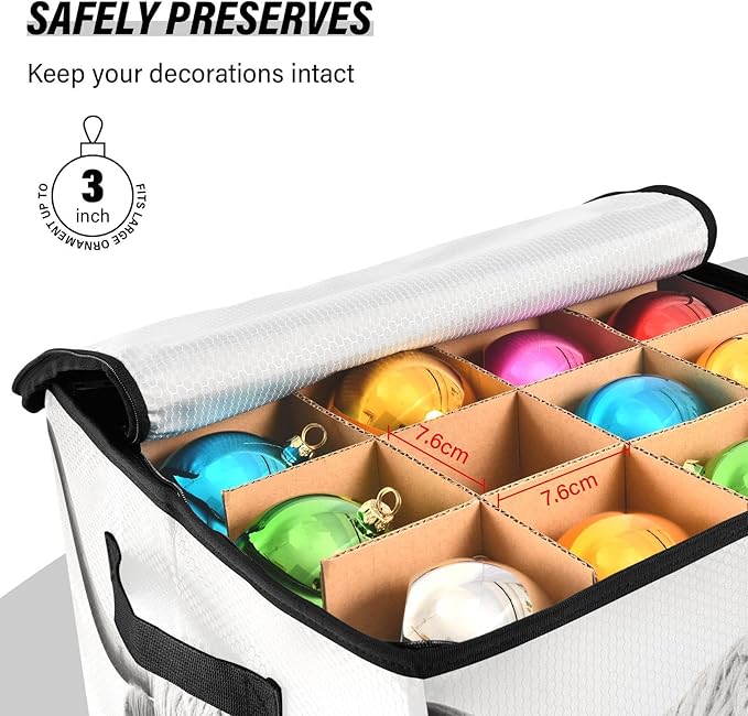 Kigai Highland Cow Christmas Ornament Storage Box with Zipper & Adjustable Dividers Holiday Ornament Organizer Xmas Storage Container, 64 Balls