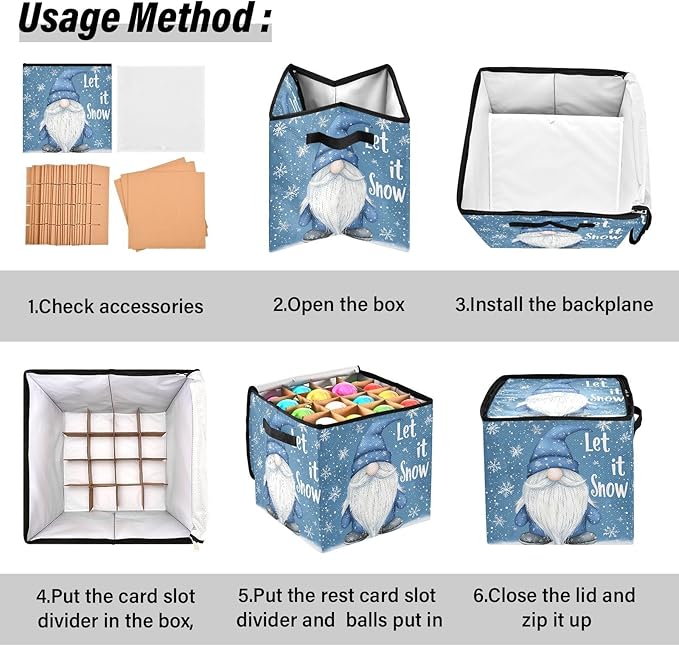 Winter Gnomes Christmas Ornament Storage Basket Box Let it Snow Snowflake Holiday Storage Container Cube with Adjustable Dividers for 64 Holiday Ornaments or Decorations Keeps Clean and Dry