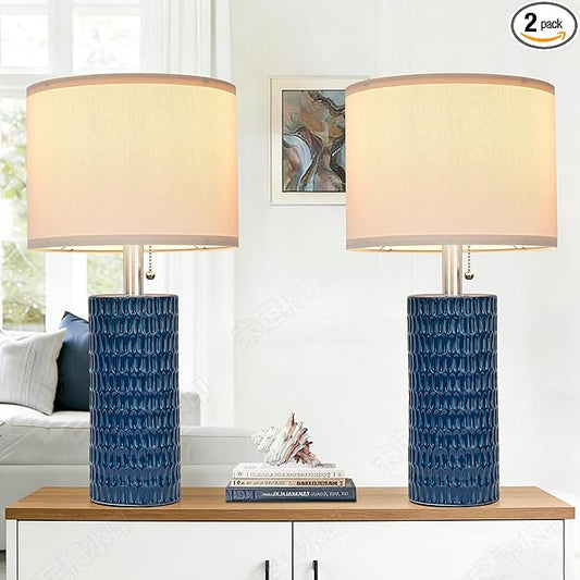 Reaketon Table Lamps for Living Room Set of 2, Ceramic Table Lamps for Bedroom, 20" Modern Lamps for Night Stands, Blue