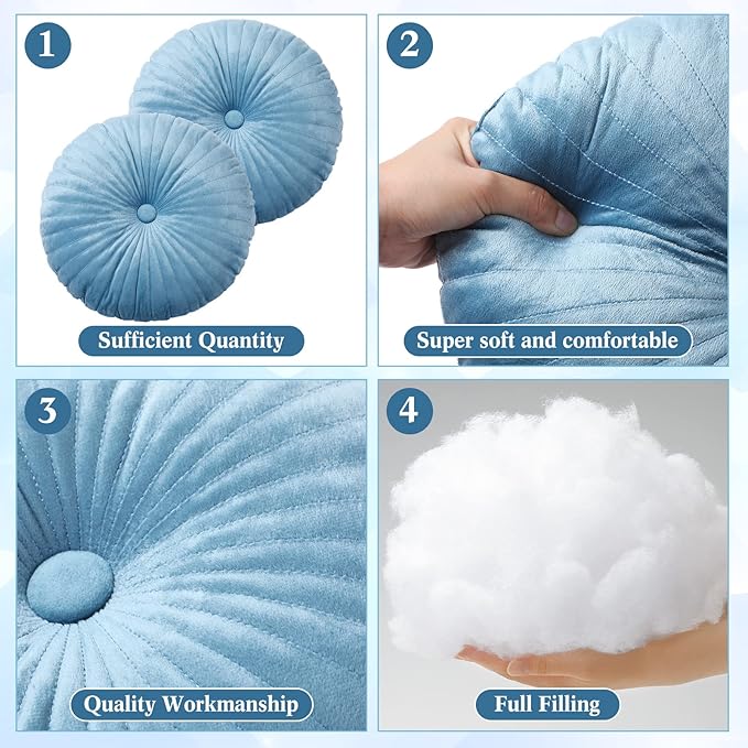Namalu 2 Pcs Round Throw Pillow 13.8 Inch Decorative Round Velvet Floor Pillows Pumpkin Throw Pillows with Center Button for Thanksgiving Home Decor Living Room Sofa Couch Bed Chair (Blue)