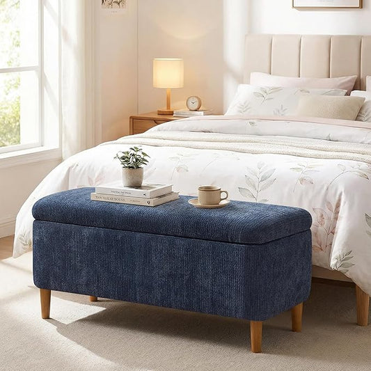 39.4”Ottoman with Storage,Upholstered Comfy Storage Bench Ottoman with Wooden Legs,End of Bed Bench Footstool for Hallway Entryway Bedroom Living Room Blue