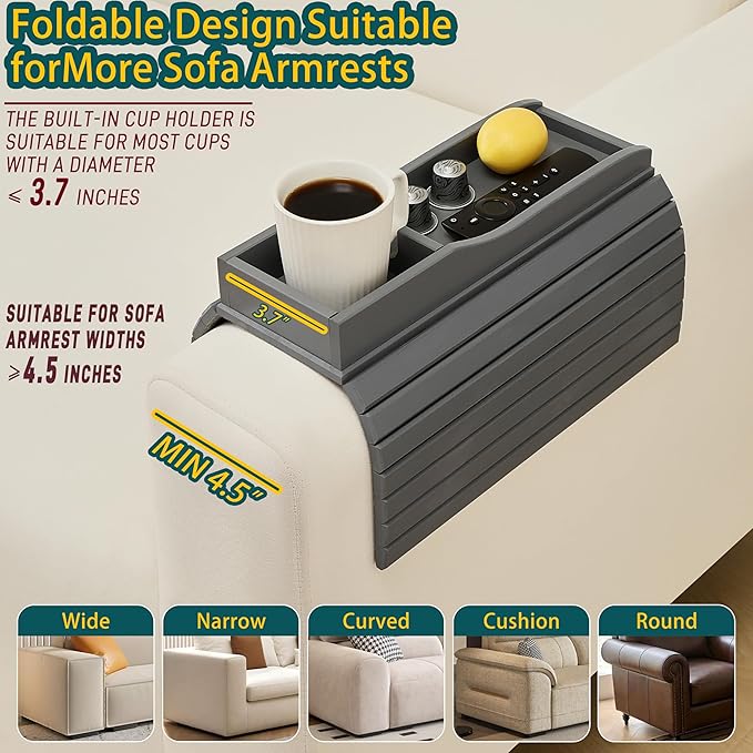 Bamboo Couch Cup Holder Arm Tray Table，Couch Drink Holder，Sofa Cup Holder Armrest Tray，Anti-Slip Foldable Arm Chair Table Tray Recliners for Drink,Cups, Snacks, Phone, Remote (Gray)