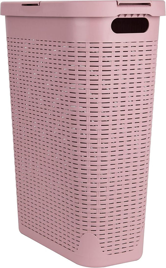 Mind Reader Slim Laundry Hamper with Lid, 40L Clothes Basket, Narrow Tapered Design with Ventilated Cutout Pattern, Plastic, Pink
