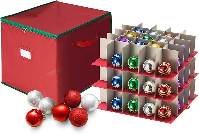 Tiny Tim Totes Christmas Storage Box with Zip Top, Large Ornaments storage box, holds up to 75 ornaments, Red