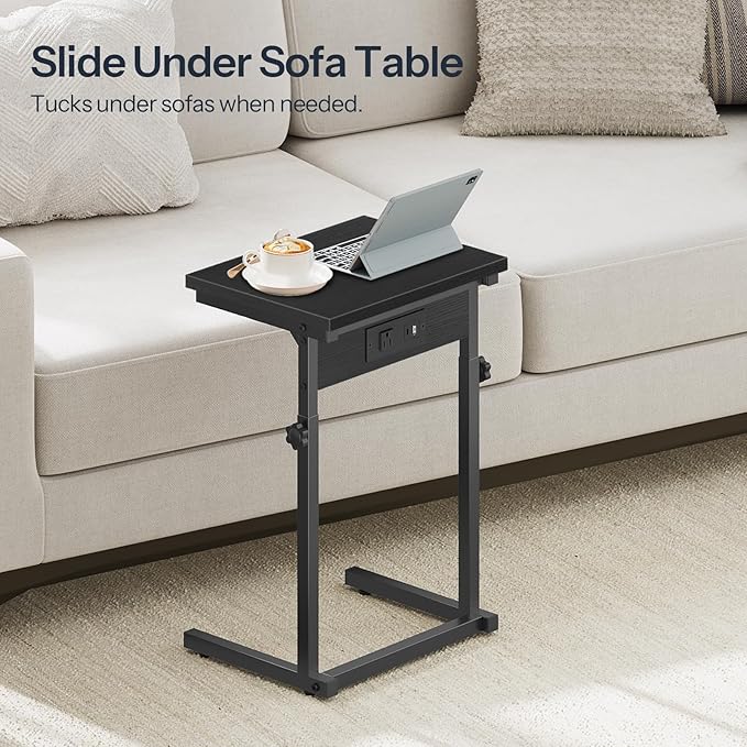 HOOBRO C-Shaped End Table with Charging Station, Adjustable Height Sofa Tray Side Table, Slide Under Couch Arm Table, Small C Side Table for Small Space in Living Room, Bedroom, Black BB71USF01