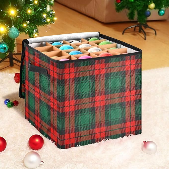Red Green Christmas Ornament Storage Basket Box Buffalo Plaid Winter Holiday Storage Container Cube with Adjustable Dividers for 64 Holiday Ornaments or Decorations Keep Clean and Dry for Next Season