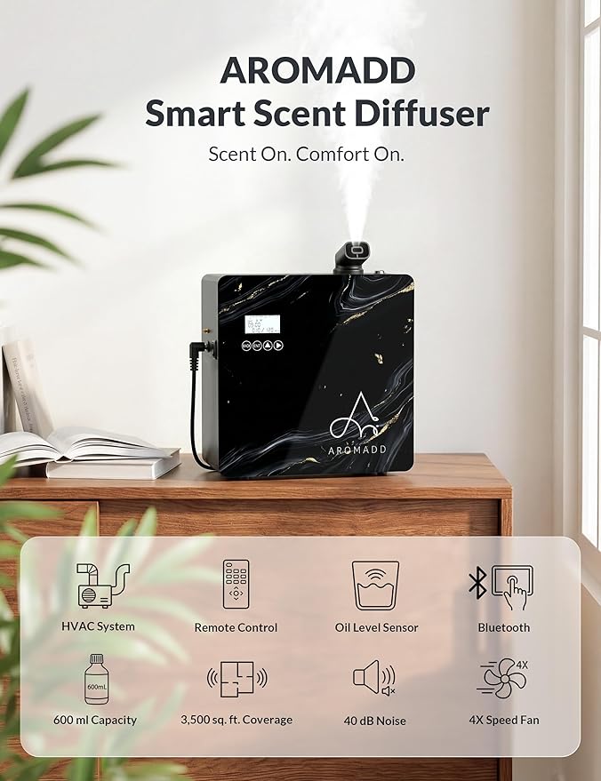 2026 Upgraded 3500 Sq.Ft HVAC Scent Diffuser for Home, Smart Whole House Scent System with App & Remote Control, Hotel Collection Waterless Diffuser for Large Room, Cold Air Tech, 600mL, Marble Black