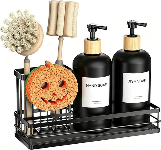 Moforoco Kitchen Dish Soap Dispenser Set, 16OZ Glass Bottle, Hand and Dish Soap Dispenser Set, Instant Dry Tray, Brush Holder with Smiley Face Sponge Holder (Black Tray &Black Bottle&Labels)