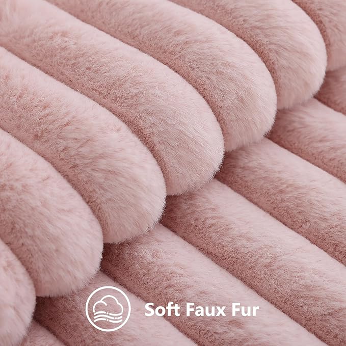 decorUhome Summer Cozy Faux Fur Throw Pillow Covers 24x24 Set of 2 Decorative Soft Plush Striped Modern Farmhouse Boho Couch Euro Sham Pillow Cases with Velvet Back for Sofa Bed Living Room, Pink