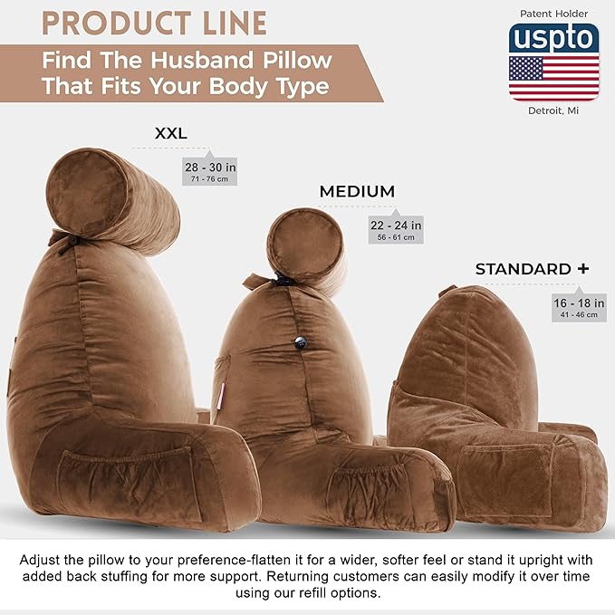 Husband Pillow XXL The Original for Adults - 30" Tall Backrest for Sitting Up in Bed - Firm Support Reading & Bed Rest Pillows for Adults, Neck Roll, Removable Cover - TV - Chocolate