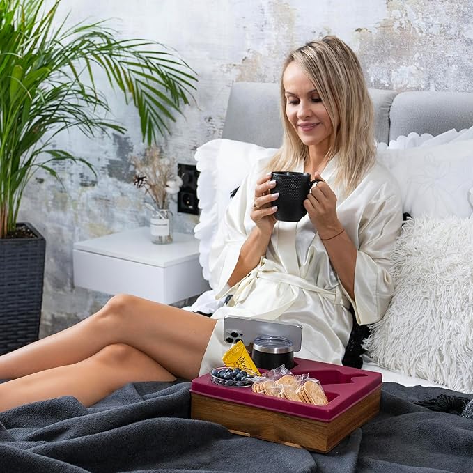 Silicone Couch Cup Holder Tray – Silicone Acacia Couch Caddy with Cup Holder & Phone Stand – Waterproof Anti-Spill Snack & Bed Caddy Organizer Sofa Tray for Drinks, Snacks, & Remotes (Maroon)