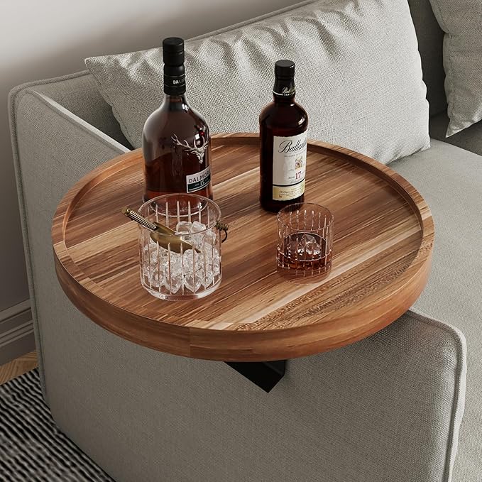 Acacia Wood Couch Arm Tray Table,Anti-Slip Adjustable Round Sofa Arm Tray,Wooden Armrest Caddy Table for Couches,Arm Chair Companion for Drinks Cellphone TV Remote Snacks