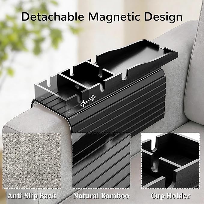 Korser Couch Armrest Table, Sofa Arm Tray with Removable Cup Holder, 2 in 1 Anti-Slip Armrest Tray Table for Couch, Bamboo Foldable Couch Cup Holder for Drinks Snacks Phone Remote Control