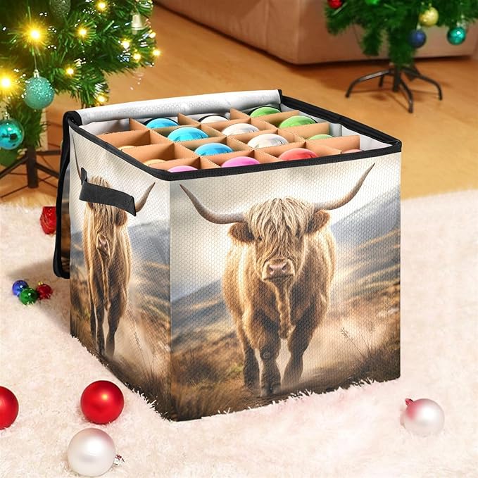 Kigai Highland Cow Christmas Ornament Storage Box with Zipper & Adjustable Dividers Holiday Ornament Organizer Xmas Storage Container, 64 Balls