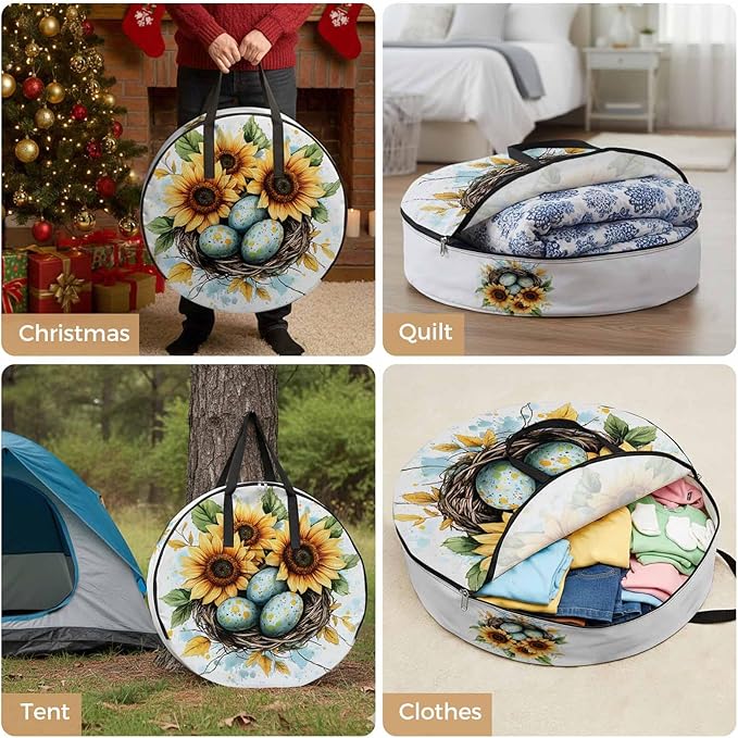 Easter Eggs Nest Round Storage Bag 30 Inch, Watercolor Green Egg Spring Sunflowers Floral Leaf Clothes Storage Container with Handles Heavy Duty Organizer for Comforter, Bedding & Holiday Wreaths