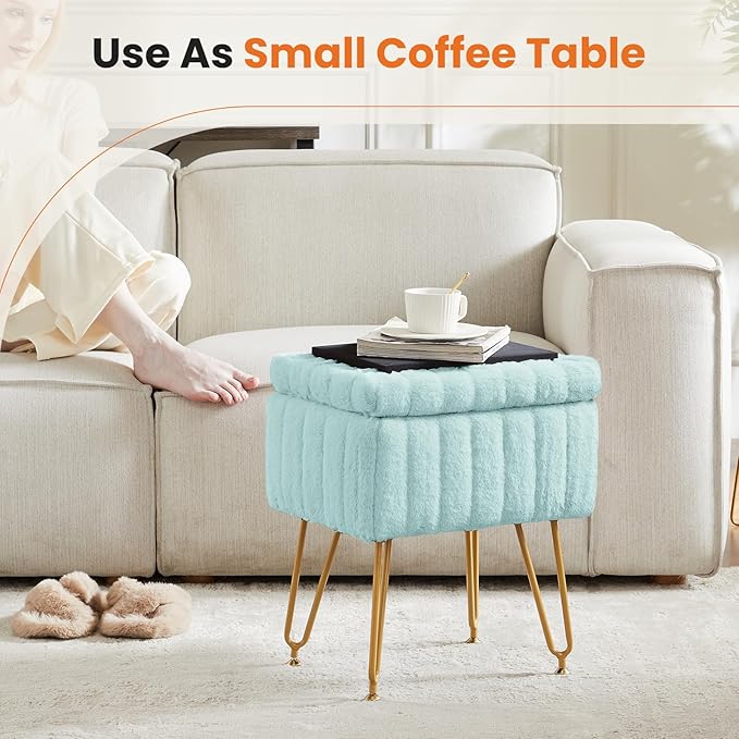 DUMOS Vanity Stool Chair, Ottoman with Storage, Makeup Cute Soft Small Footstool, Modern Style Faux Fur Seat with 4 Metal Legs & Adjustable Feet for Dressing, Living Room, Bedroom, Dorm, Green