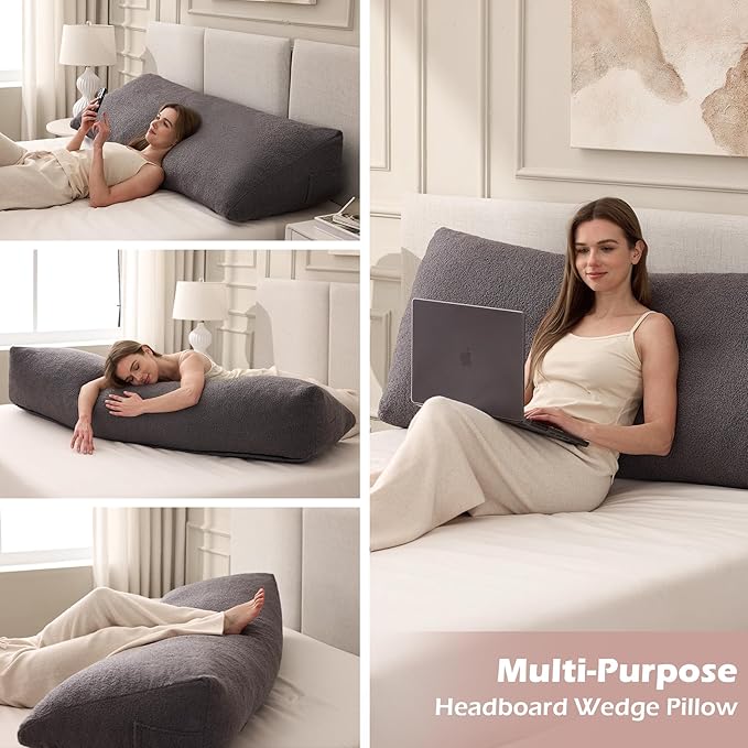 Headboard Pillow Queen, Triangle Bed Wedge Pillow for Headboard, Backrest Pillow for Sitting up, Reading, Working, Headboard Daybed Pillow with Removable Cover for Bed, Dorm Sofa, Dark Grey