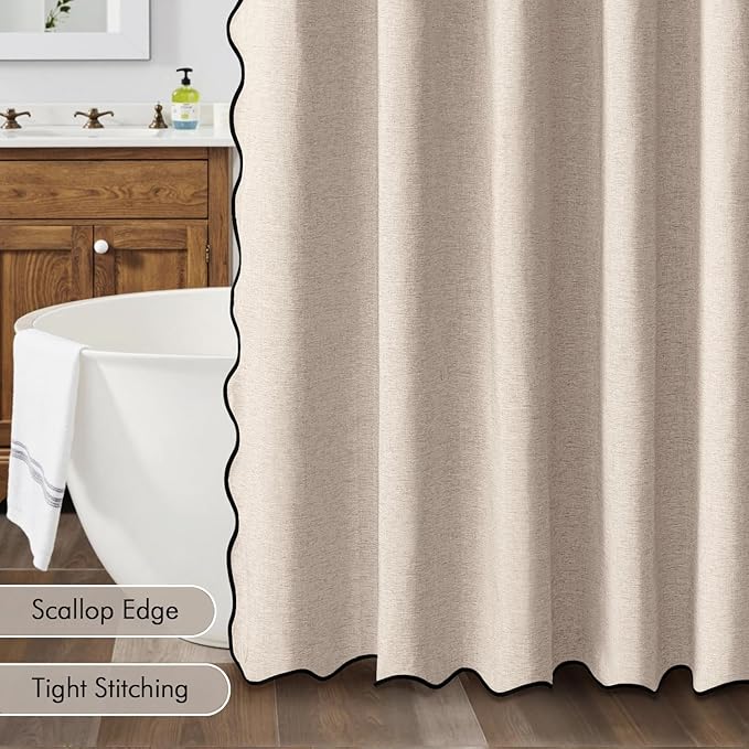 MIULEE Scalloped Shower Curtain Linen Textured with 12 Metal Hooks Cute Heavy Duty Washable Waterproof Thick Cloth Shower Curtains with Black Border for Bathroom Hotel Bathtub,W72*L72 Beige