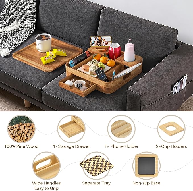Couch Cup Holder, Couch Tray Cup Holder Sofa Tray, Acacia Wood Large Capacity 2-Tier Wooden Trays with Drawer for Sofa, Bed, Picnic, Drinks, Snacks, Remote, Cell Phone 12.5 * 12.5 in