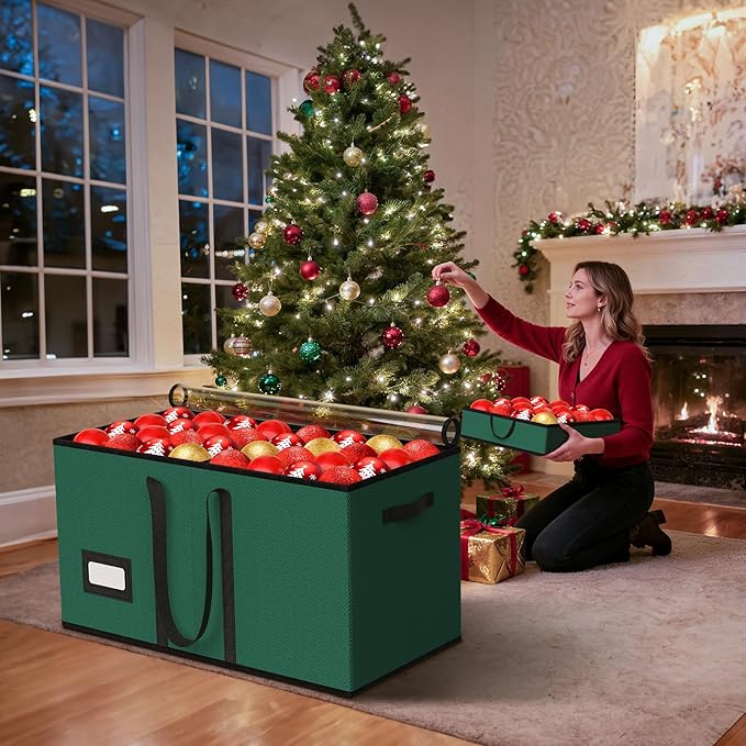 Christmas Ornament Storage Box Store 128-3" Ornaments, Ornament Organizer Storage box with Dual Zipper Closure Visual Cover & Adjustable Dividers, Holiday Decorations Storage Container with 8 Trays