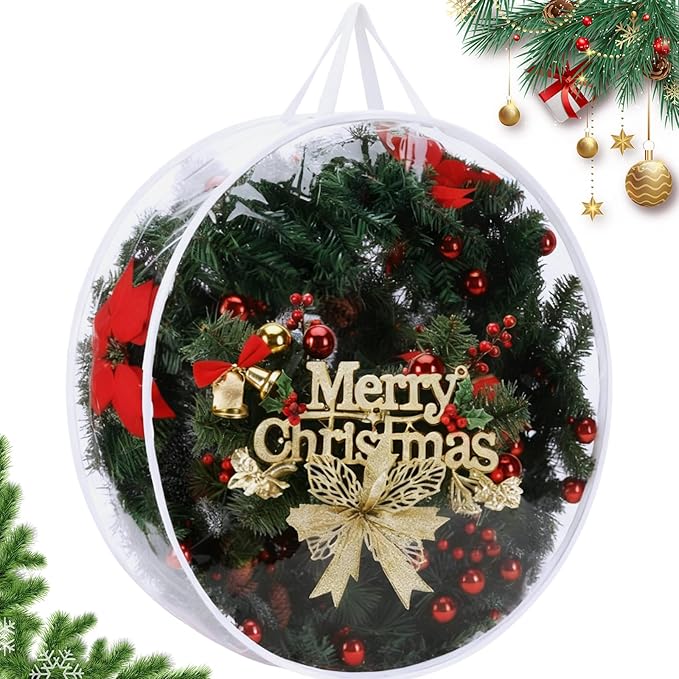 Shappy 1 Pcs 36 Inch Back to School Wreath Storage Container Clear Wreath Storage Bags PVC Waterproof Garland Bags with Clear Window Dual Zippers and Handles for Holiday Artificial Garland (White)