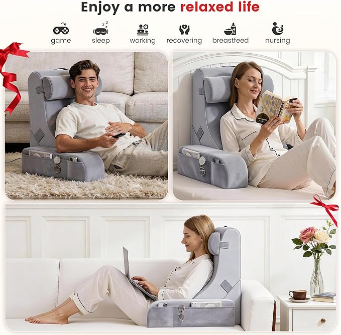 Homkdom Reading Pillow for Sitting in Bed Adult, 20" Back Pillow for Bed Sitting up with Armrests & Storage Pockets, Ergonomic Wedge Pillow for Watching TV, Gaming, Working, Recovery, 5PCS, Light Grey
