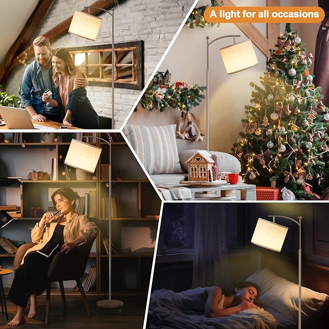 Ambimall 60" Floor Lamps for Living Room with 3 Color Temperatures, Adjustable Beige Shade with Brown Pole, Tall Lamps for Living Room Bedroom Office Classroom Dorm Room, 9W Bulb Included