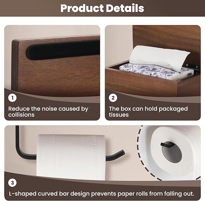 Toilet Paper Holder with Acacia Wood Shelf - Wall Mount & Self-Adhesive Bathroom Tissue Roll Holder, Black Stainless Steel with Storage - Home Apartment Restroom