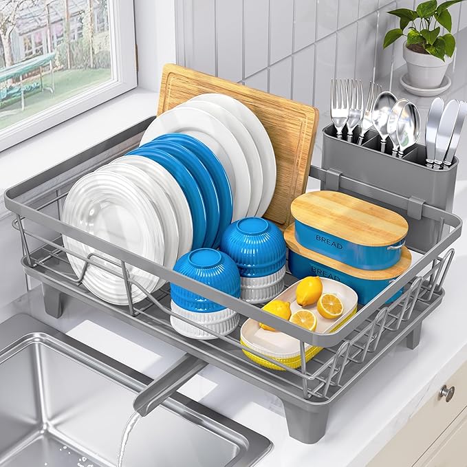 Urackify Dish Drying Rack for Kitchen Counter, Sink Dish Rack with Drainboard 12.2" W x 16.5" L, Large Dish Drainer with Cutlery Holder, Home Countertop Plate Dryer Storage Rack, Gray