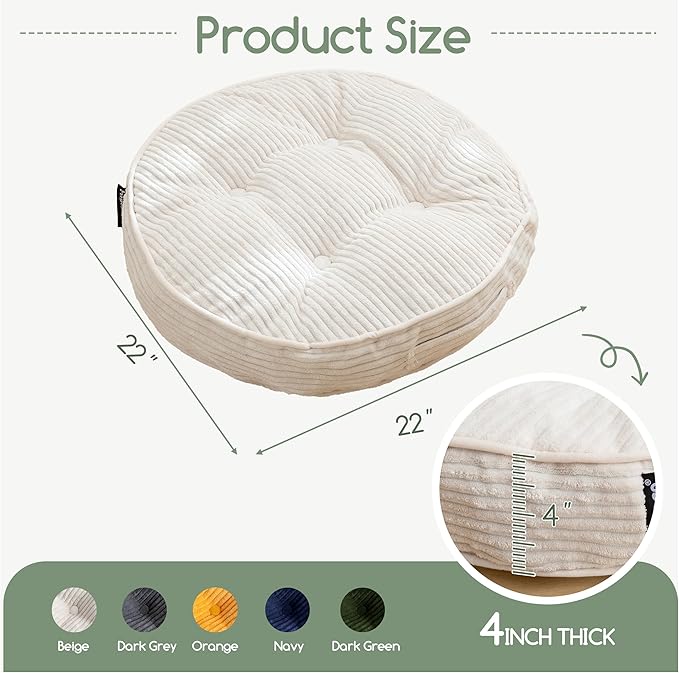 HIGOGOGO Floor Pillow Cushion for Adults, Meditation Cushion Pillow, Large Round Floor Sitting, Tufted Corduroy Cover, for Tatami Living Room or Yoga, 22x22 Inch, 2Pack, Beige