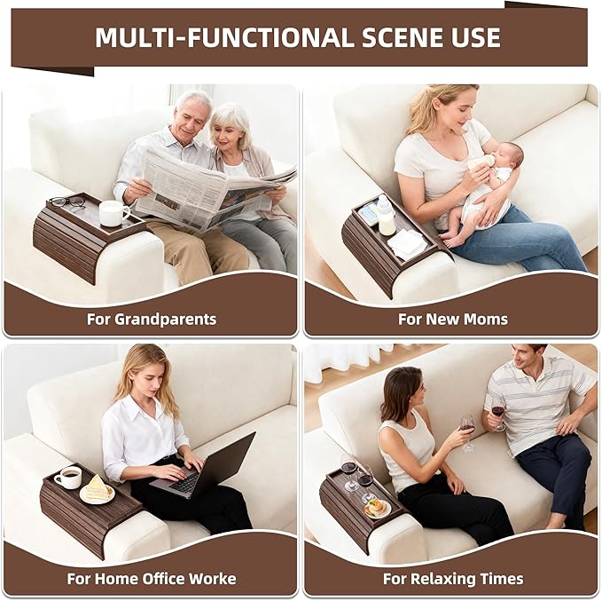 LOVYANXUE Couch Arm Tray, Anti-Falling Bamboo Sofa Armrest Tray Table, Foldable & Portable Armrest Tray Cup Holder Side Table for Drinks, Coffee, Phone, Snacks, Remote
