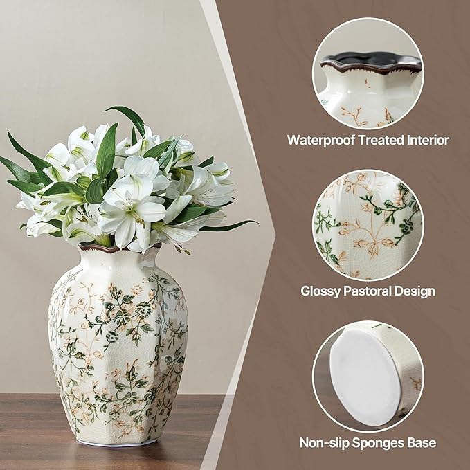 for Mom from Daughter or Son, Vintage Pastoral Octagonal Ceramic Vase 6.7”, Green Chinoiserie Floral Small Vase, Rustic Farmhouse Decor for Living Room, Kitchen, Bedroom